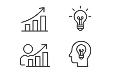 Outline icon set for business growth, creative idea, and innovation. Vector symbols of success chart, lightbulb, career progress, and thinking head. Minimal design.