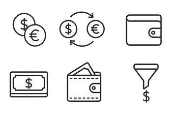 Finance and money line icon set. Currency exchange, wallet with cash, dollar and euro coins. Thin icons for payment, transaction, bank, investment, profit and cash flow. Editable stroke.
