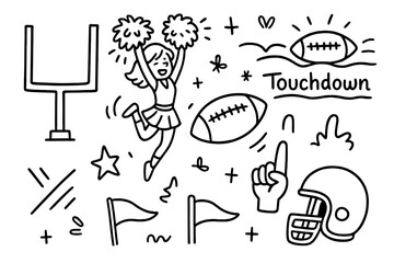 American football doodles hand drawn cartoon set. Vector illustration collection with cheerleader, touchdown, helmet, goal post, and foam finger icons for sports design.