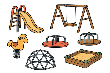 Hand drawn playground equipment set for kids. Vector cartoon collection with slide, swing, sandbox, climbing dome, and merry-go-round for children's activities and fun.