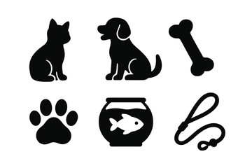 Pet icon collection with cat silhouette, dog sitting, bone shape, paw print, fish bowl, pet leash vector cartoon illustration set with transparent background for pet care and animal lover designs