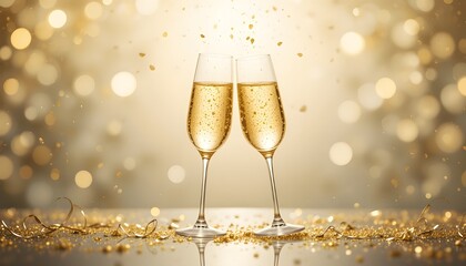 Anniversary celebration card with champagne glasses, golden sparkles, and elegant design.