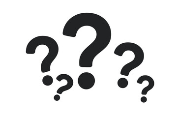 Vector flat illustration of black question marks symbolizing inquiry, curiosity, confusion, and questioning in a minimalist style, cartoon design with transparent background, inquiry symbols