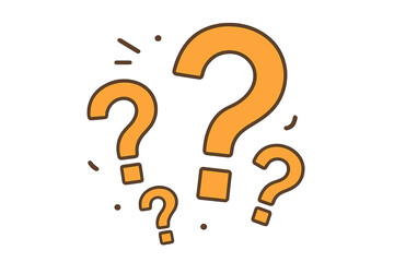 Colorful vector flat illustration of orange question marks symbolizing inquiry, curiosity, confusion, doubt, and problem solving in a minimalist cartoon style with transparent background