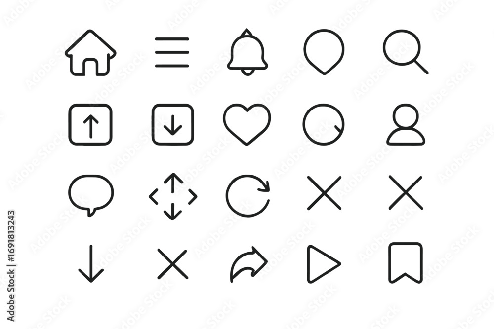 Aufkleber minimalist web and app interface icons set in line style, vector cartoon illustration, transparent b