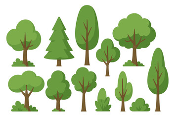 Vector flat illustration of various green trees and bushes in natural forest setting, cartoon style, isolated on transparent background, perfect for design projects and nature themes
