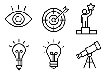Set of linear vector icons vision, target, achievement, creativity inspiration, exploration telescope, lightbulb idea, goal success symbols in cartoon style transparent background
