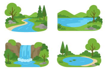 Vector flat illustration of various water bodies including river, lake, waterfall, and pond with natural scenery, trees, rocks, and serene environmental features in cartoon style