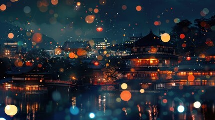 Night cityscape scene with illuminated lights and reflections over water