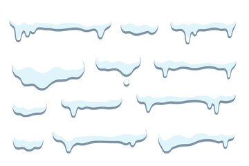 Snow caps winter decoration set, flat style cartoon vector illustration, transparent background, assorted snow layer shapes, cold season design elements, winter landscape accents