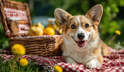 Happy corgi rests near picnic basket on red-checkered blanket, sunny outdoor setting