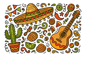 Fototapeta premium Mexican fiesta doodle set with cultural symbols. Cartoon vector illustration for Cinco de Mayo celebration. Includes sombrero, guitar, cactus, maracas, and traditional food.
