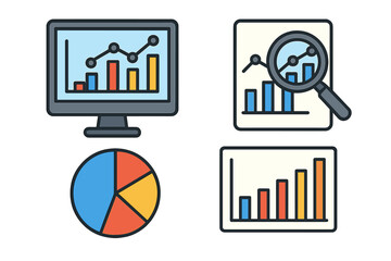 Visual representation of data analysis and monitoring through colorful charts, graphs, pie chart, bar graphs and magnifying glass in vector cartoon style with transparent background