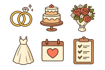 Wedding design icons set of golden rings with diamond, tiered cake, romantic flower bouquet, elegant bridal dress, heart calendar, and checklist, cartoon style vector illustration