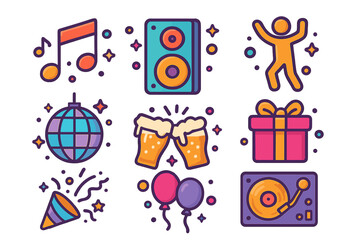 Vibrant party icon set with colorful music notes, dancing figure, disco ball, beer cheers, balloons, gift box, DJ turntable, and celebration elements in vector cartoon style for festive designs