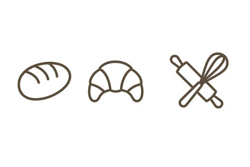 Bakery icon set with bread, croissant, pastry. Minimalist baking tools in linear design. Vector cartoon illustration of rolling pin and whisk. Cooking and food concept symbols.