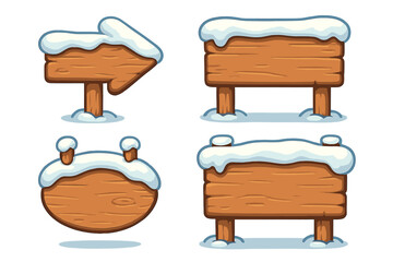Wooden signboard icons set with snow caps, cartoon style vector illustration, rustic wood blank banners, snowy winter theme, directional arrow and sign panel collection for design