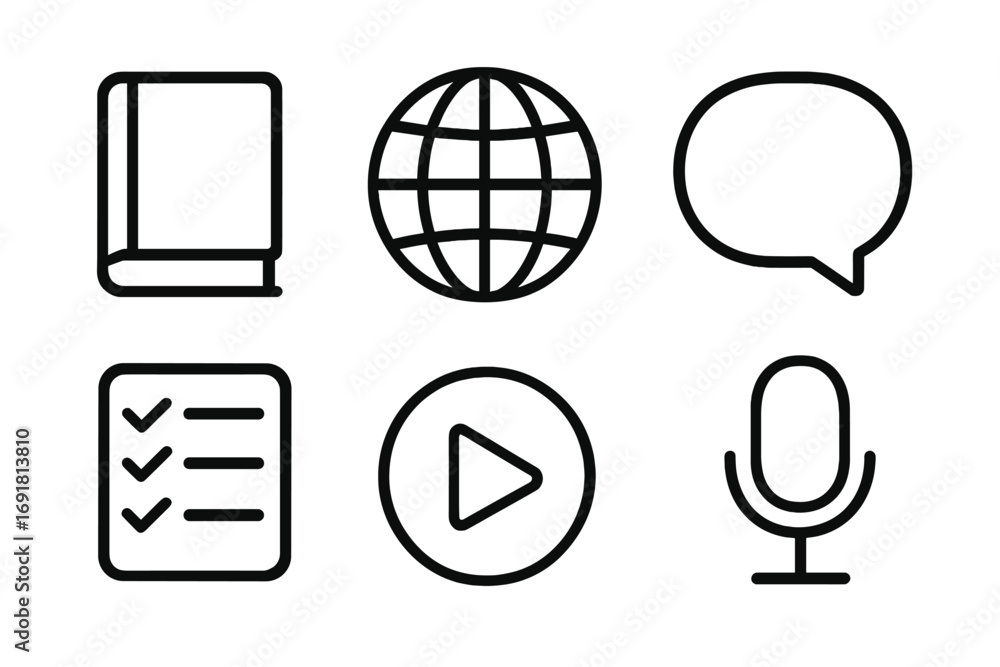 Aufkleber simple linear icons set of book globe speech bubble checklist play button microphone vector cartoon 