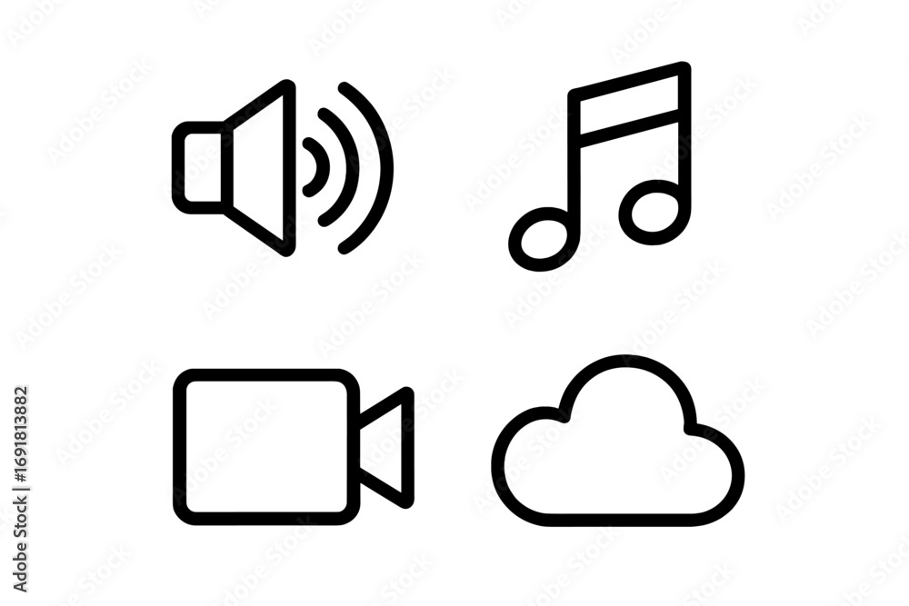 Poster multimedia icon set with speaker, music note, video camera, and cloud symbols. simple minimalist out