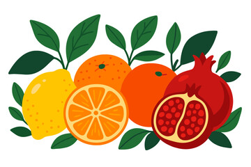 Citrus fruit and pomegranate vector flat illustration. Orange, lemon, tangerine with leaves. Healthy food concept. Fresh juicy fruit diet. Natural organic vitamins. Summer harvest.