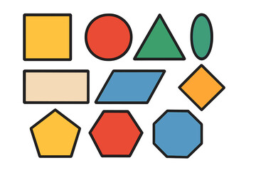 Vector flat illustration of assorted geometric shapes with unique outlines and minimalist style, modern design elements set on transparent white background, abstract geometry collection
