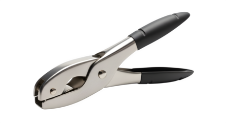 Silver metal hole puncher isolated on transparent background in a studio shot