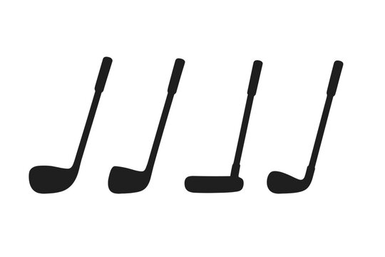 Golf club silhouette set vector illustration. Minimalist collection of golf equipment icons including driver, iron, and putter for sports design. Isolated graphic elements.
