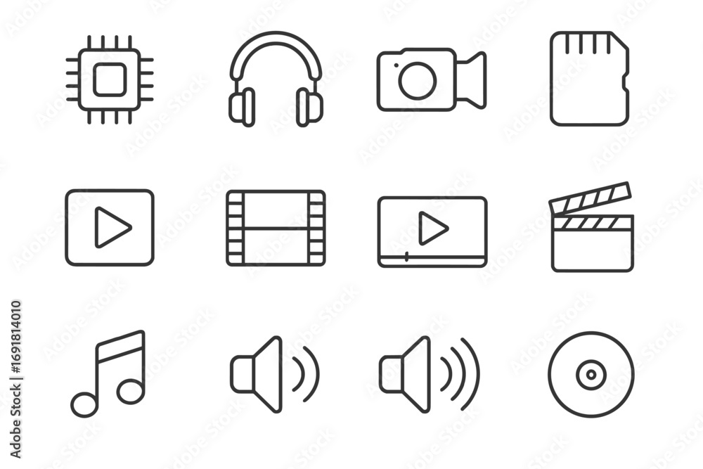 Poster vector sound and video line icon set with editable stroke. multimedia symbols for ui, ux, web and mo