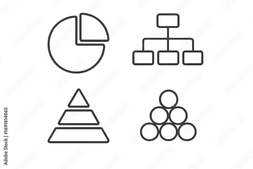 Aufkleber data visualization icon set. thin line pie chart, hierarchy flowchart, pyramid diagram. business inf