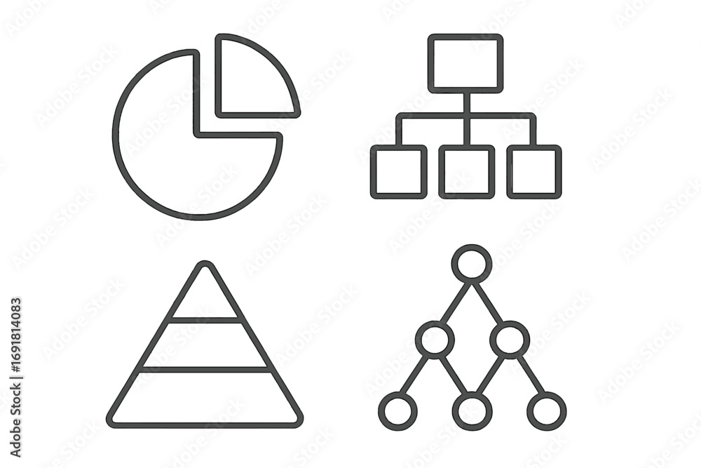 Aufkleber infographic elements icon set. pie chart, hierarchy diagram, pyramid chart, flowchart. business data