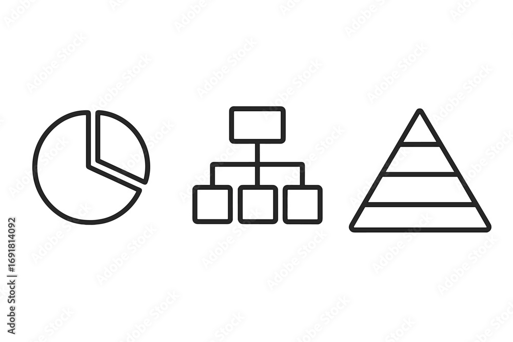 Poster data visualization line icon set. pie chart, hierarchy flowchart, pyramid diagram. business analytic