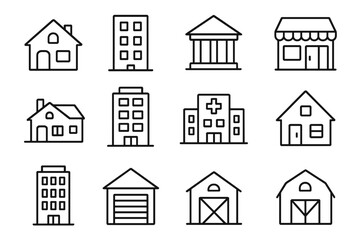Building and real estate line icon set. Vector icons of house, apartment, bank, hospital, store, garage, and barn. Editable stroke for web and app design.