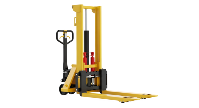 Yellow stacker isolated on transparent background, a machine for lifting pallets