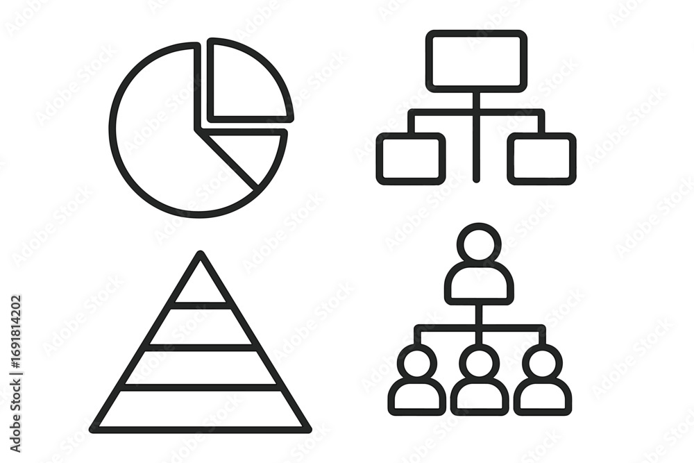 Aufkleber business data visualization icon set. pie chart, pyramid, flowchart and organization structure icons