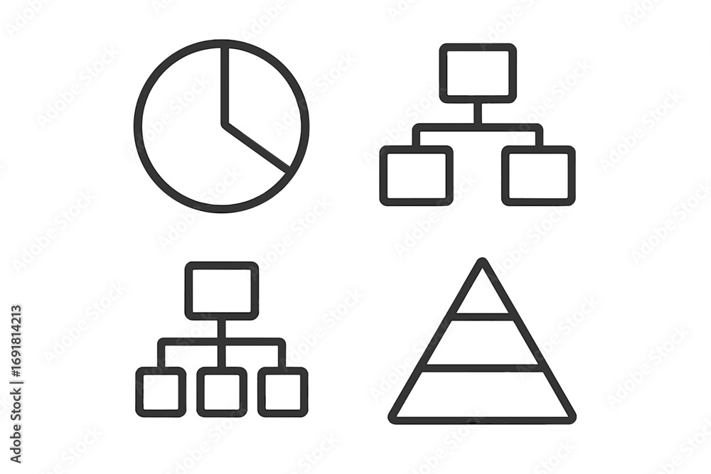 Aufkleber infographic elements icon set with pie chart, hierarchy, and pyramid diagrams. vector line icons for
