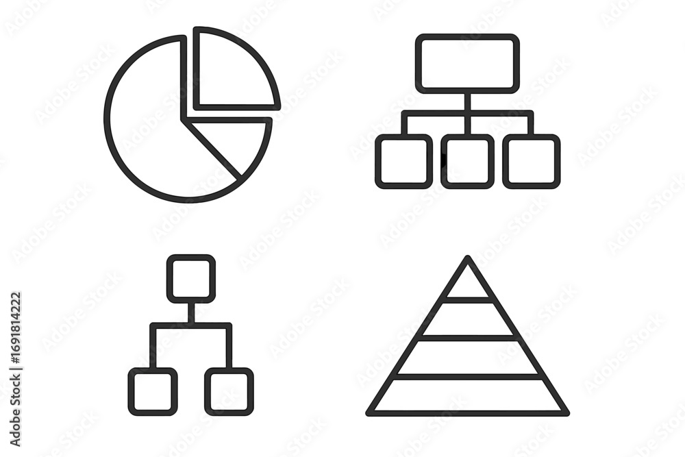 Aufkleber infographic elements line icon set. pie chart, pyramid diagram, and flowchart hierarchy for data vis