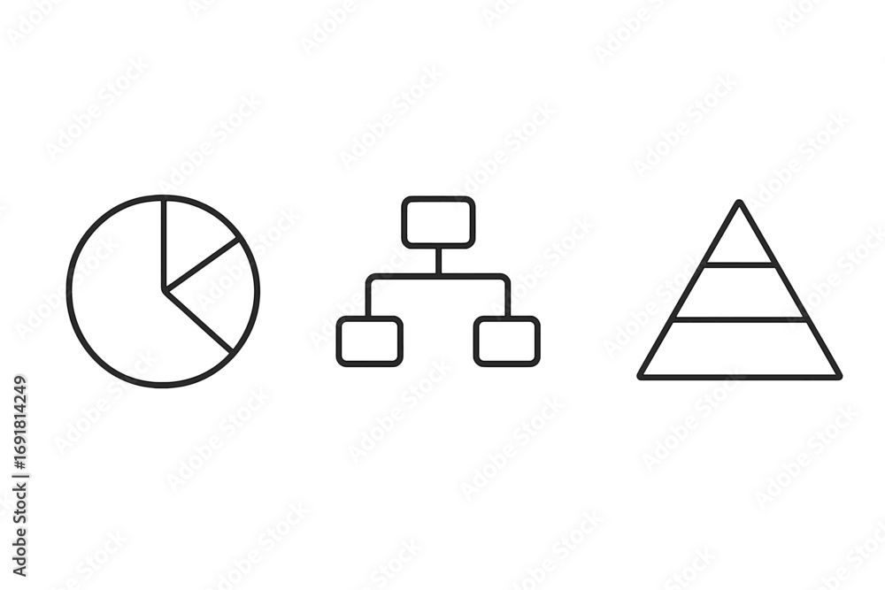 Aufkleber data visualization thin line icon set. pie chart, hierarchy diagram, pyramid chart. for business rep
