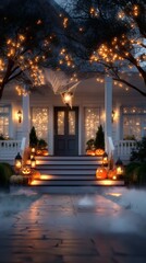 Naklejka premium Realistic suburban house front porch decorated for Halloween with glowing pumpkins, lanterns, spiderwebs, and soft mist, cinematic street-view, festive spooky atmosphere