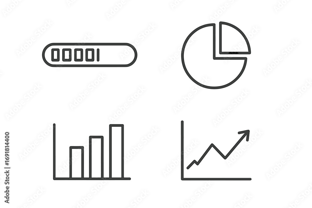 Poster data analytics & statistics vector line icon set. infographic elements with progress bar, pie chart,