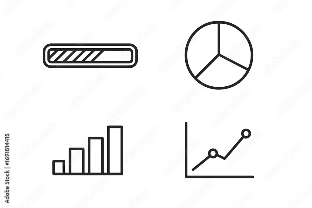 Aufkleber progress bar, pie chart, bar and line graph icon set. statistics and data analysis linear icons. min