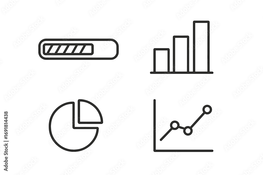 Aufkleber data analytics icon set with progress bar, pie chart, bar and line graph. statistics outline icons f