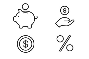 Piggy bank savings icon with dollar coin, percent sign line art bundle, editable stroke minimalist linear pictogram set for financial design, apps, banners, marketing, vector cartoon