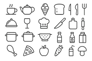 Food and cooking line icon set. Kitchen, restaurant, and grocery outline symbols. Vector pictograms for web, app, and menu design. Includes coffee, pizza, wine, and fruit.