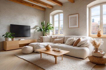Fototapeta premium Cozy modern living room design urban apartment interior photography bright environment wide angle view minimalist concept for stylish spaces