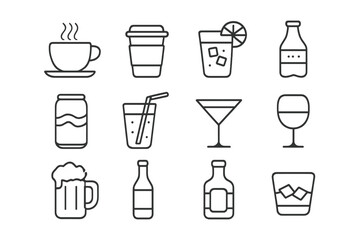 Set of line icons for drinks. Coffee, soda, beer, wine, cocktails. Minimalist vector pictograms for beverage menu, bar or cafe concept. Editable stroke. Linear graphic.