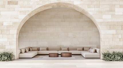 Beige sectional sofa in an arched alcove