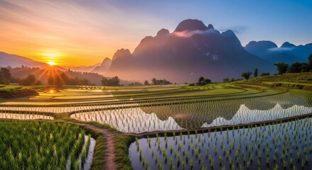 Radiant Sunrise Over Lush Rice Terraces And Majestic Mountains