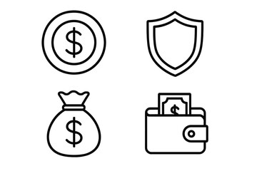 Money and Finance line icon set. Concepts for savings, insurance, investment, security. Vector icons including dollar coin, shield, money bag, wallet for banking app or website.