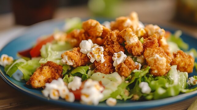Chicken salad and crispy chicken pop popcorn on a plate