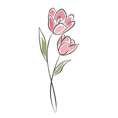 Flowers of Tulip One Line Drawing. Vector Style Template with Hand Drawn Flower. Botanical Minimalist Linear Style Illustration for Beauty and Fashion Design, Wall Art, Greeting Card.